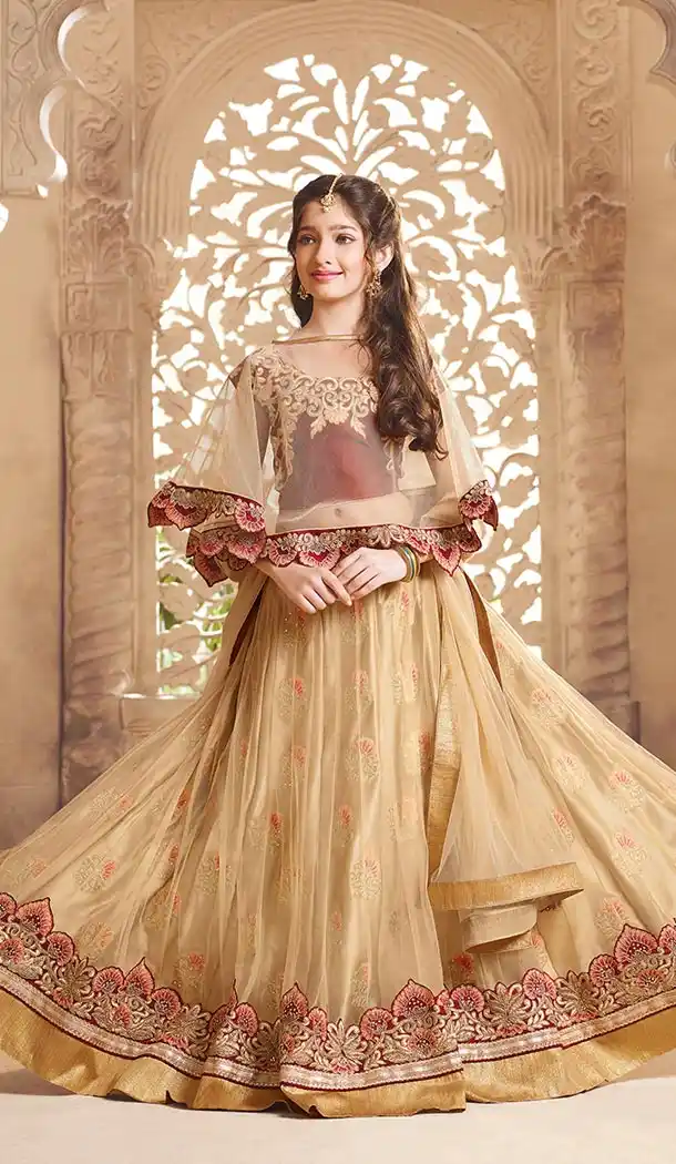Creme Color Net Silk Designer Girls Lehenga Choli | FHBE10502