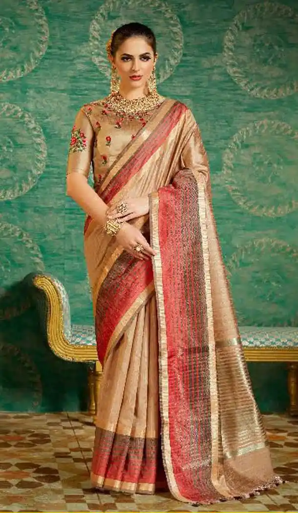 Maroon and Golden Color With Kesar Silk Embroidered Indian Traditional Sarees | FHBEKD36002