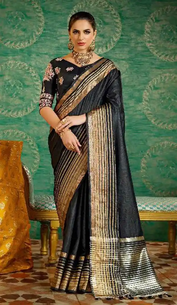 Black and Golden Color With Kesar Silk Embroidered Indian Traditional Sarees | FHBEKD36003