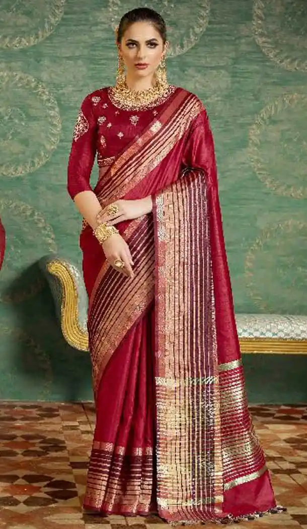 Maroon Color With Kesar Silk Embroidered Indian Traditional Sarees | FHBEKD36004