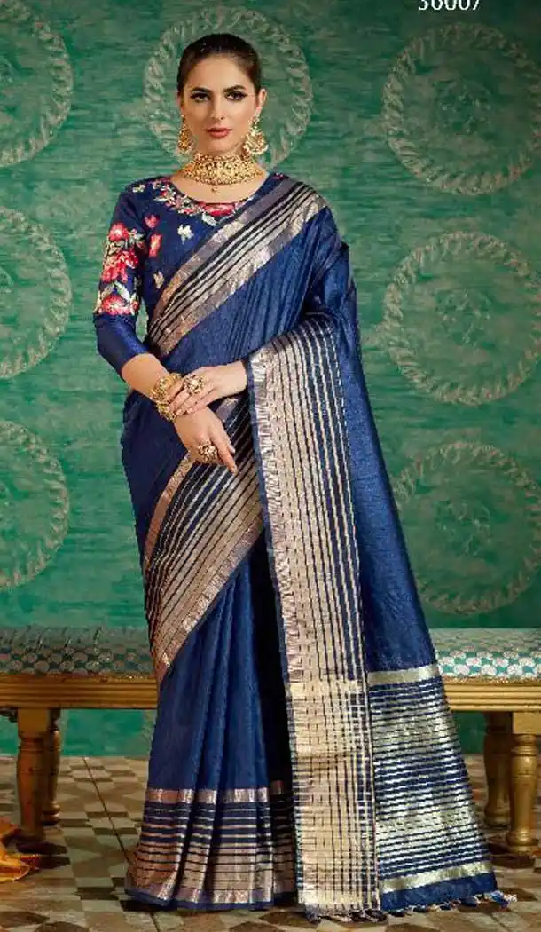 Dark Blue Color With Kesar Silk Embroidered Indian Traditional Sarees | FHBEKD36007