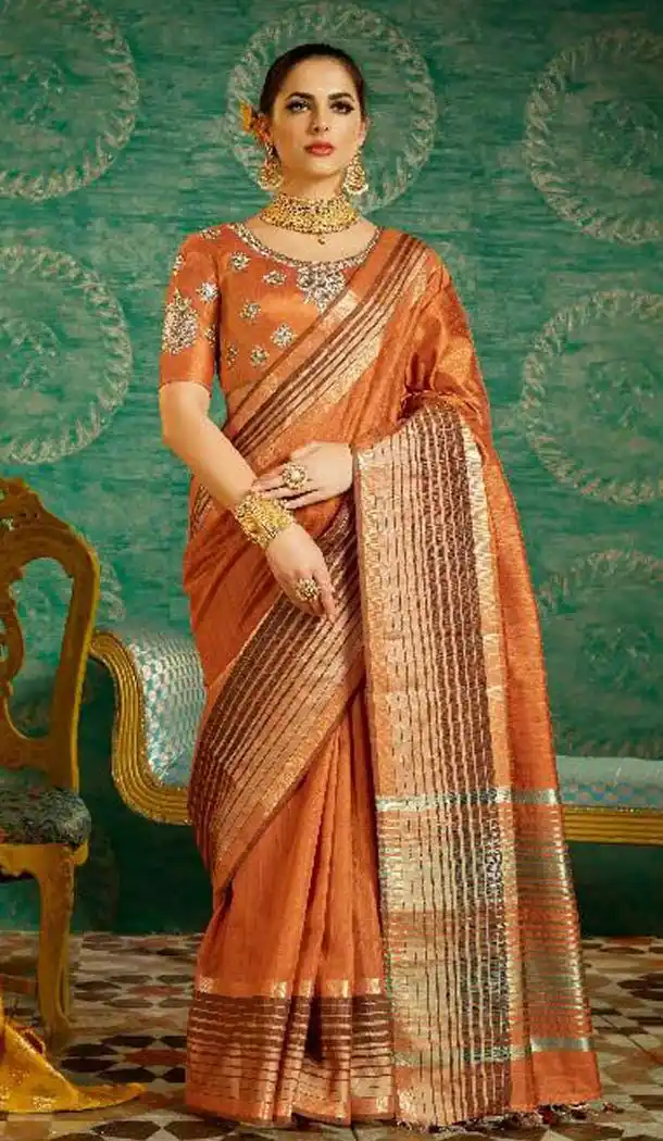 Mustard Color With Kesar Silk Embroidered Indian Traditional Sarees | FHBEKD36008