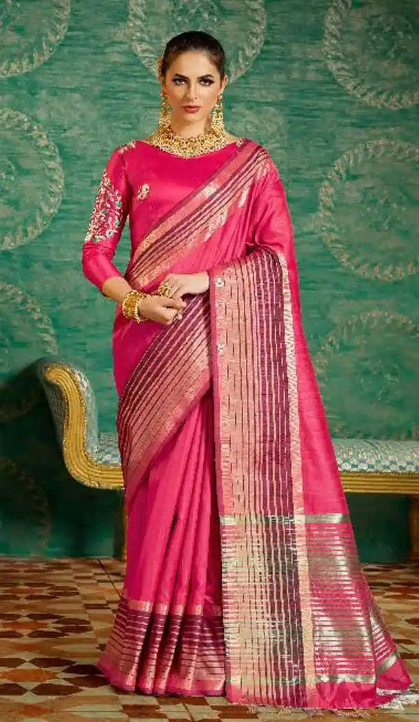 Dark Pink Color With Kesar Silk Embroidered Indian Traditional Sarees | FHBEKD36010