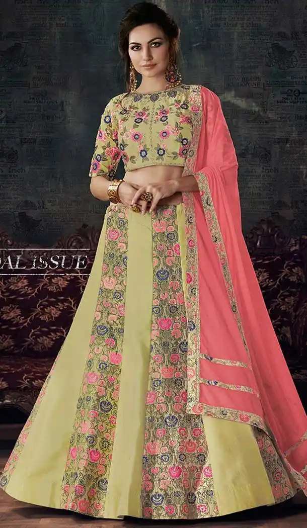 Weaved Silk with Raw silk A Line Engagement Designer Lehenga with beautified embroidery designs | FHBEMM7408
