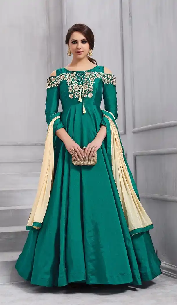 Cadet Blue Color Taffeta Silk Party Wear Readymade Gown | BE-NVO6-154
