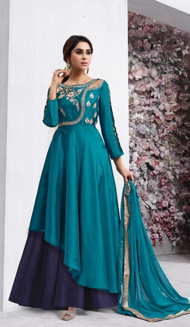 Dark Turquoise Color Taffeta Silk Party Wear Readymade Gown | BE-NVO6-155