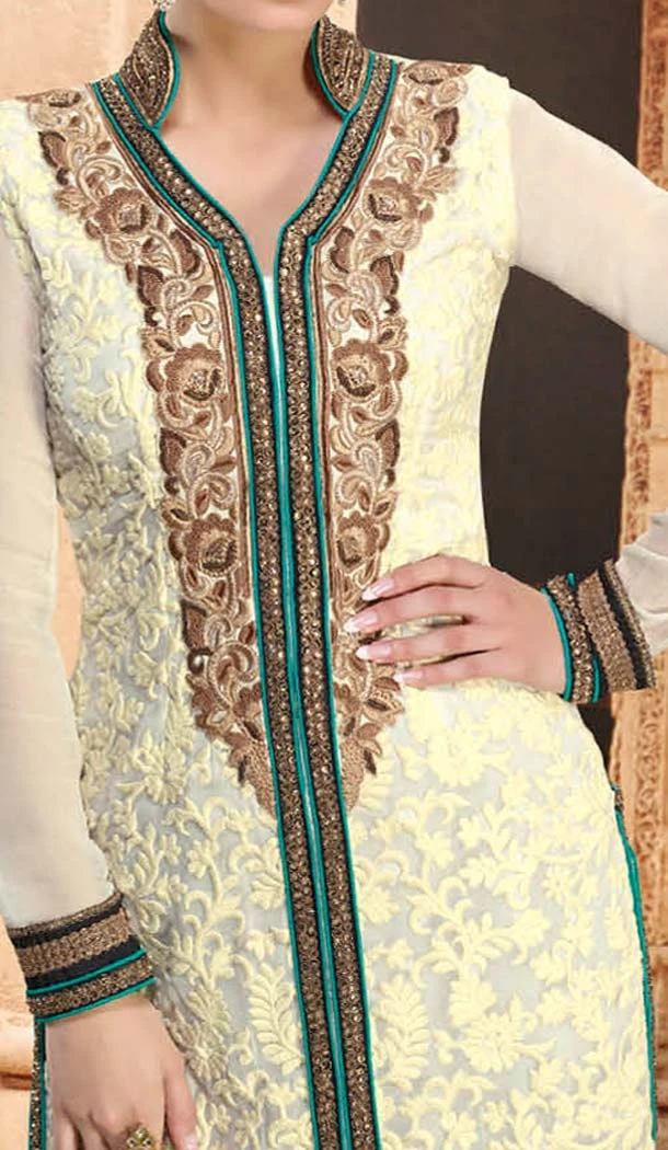 Ravishing Buttercream Faux Georgette Party Wear Churidar Kameez -291951888