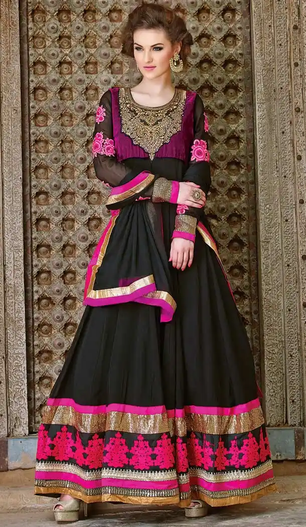 Black Faux Georgette Abaya Style Churidar Kameez