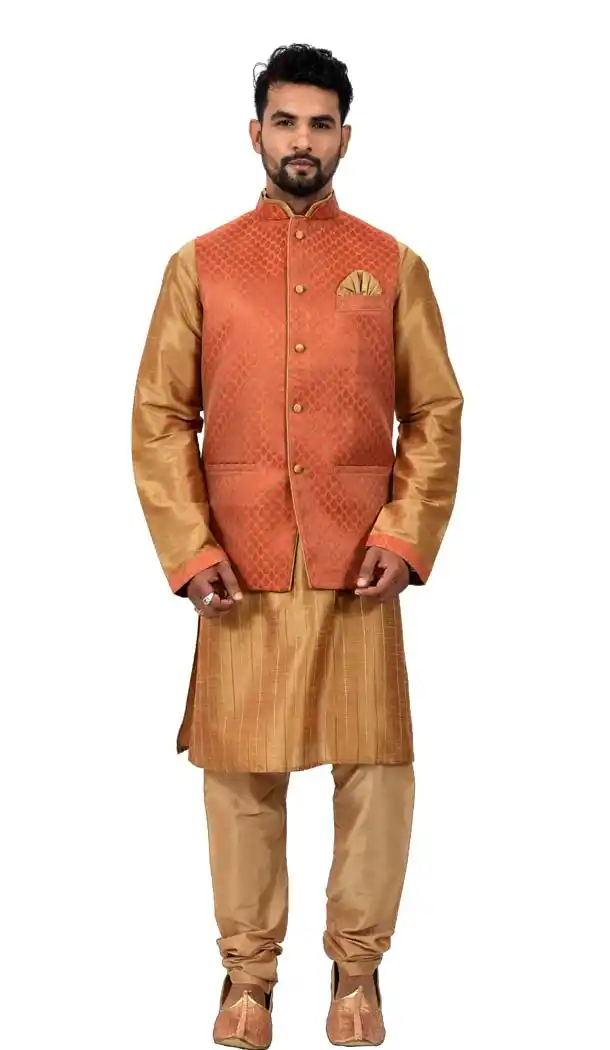 Mens Art Silk Golden Kurta Pajama with Nehru Jecket | FHK13465463