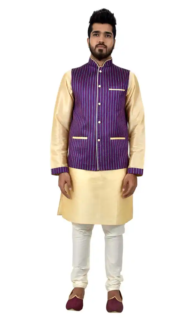 Mens Art Silk Cream Kurta Pajama with Nehru Jecket | FHK13465464