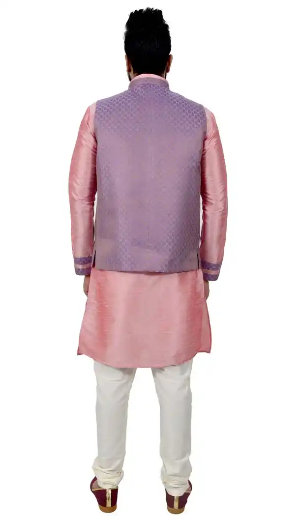 Mens Art Silk Cameo Pink Kurta Pajama with Nehru Jecket | FHK13465466
