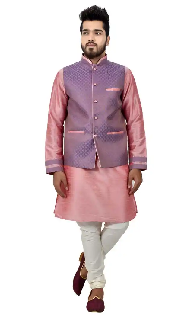Mens Art Silk Cameo Pink Kurta Pajama with Nehru Jecket | FHK13465466