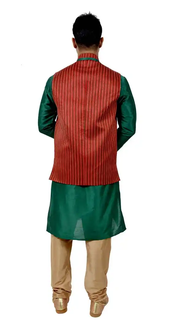 Mens Art Silk Green Kurta Pajama with Nehru Jecket | FHK13465467