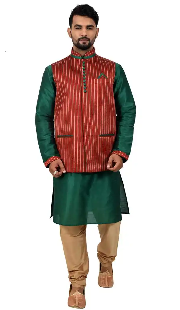 Mens Art Silk Green Kurta Pajama with Nehru Jecket | FHK13465467
