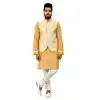 Mens Cotton Silk Golden Yellow Kurta Pajama with Nehru Jecket | FHK13465468