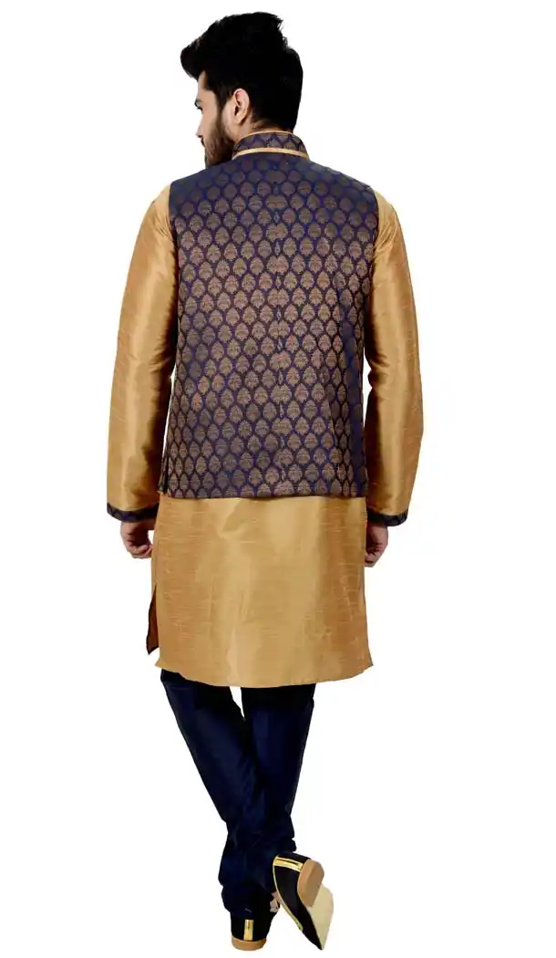 Mens Art Silk Golden Kurta Pajama with Nehru Jecket | FHK13465470