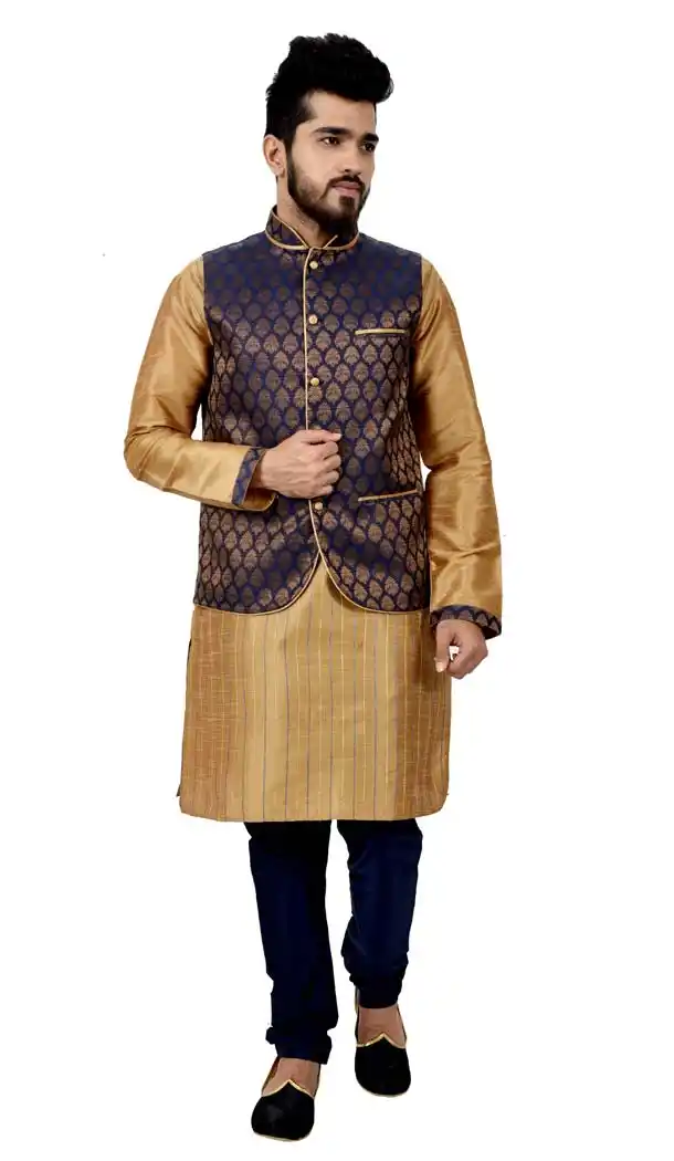Mens Art Silk Golden Kurta Pajama with Nehru Jecket | FHK13465470