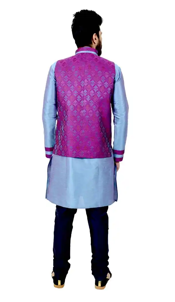 Mens Art Silk little boy blue Kurta Pajama with Nehru Jecket | FHK13465473