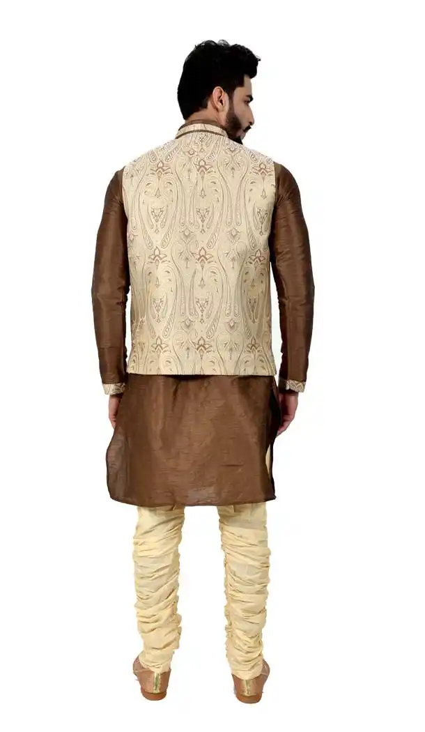 Mens Art Silk Otter Brown Kurta Pajama with Nehru Jecket | FHK13465474