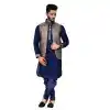 Mens Art Silk Navy Blue Kurta Pajama with Nehru Jecket | FHK13465475