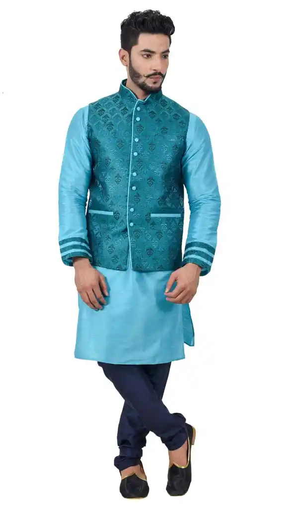 Mens Art Silk Lagoon Blue Purple Kurta Pajama with Nehru Jecket | FHK13465477