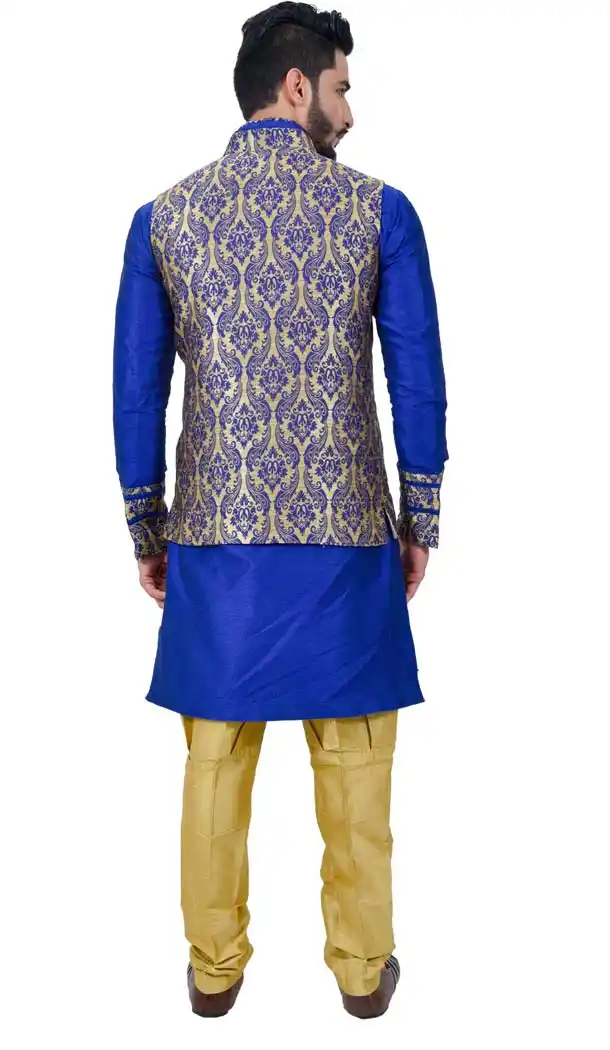 Mens Art Silk Mono Blue Kurta Pajama with Nehru Jecket | FHK13465478