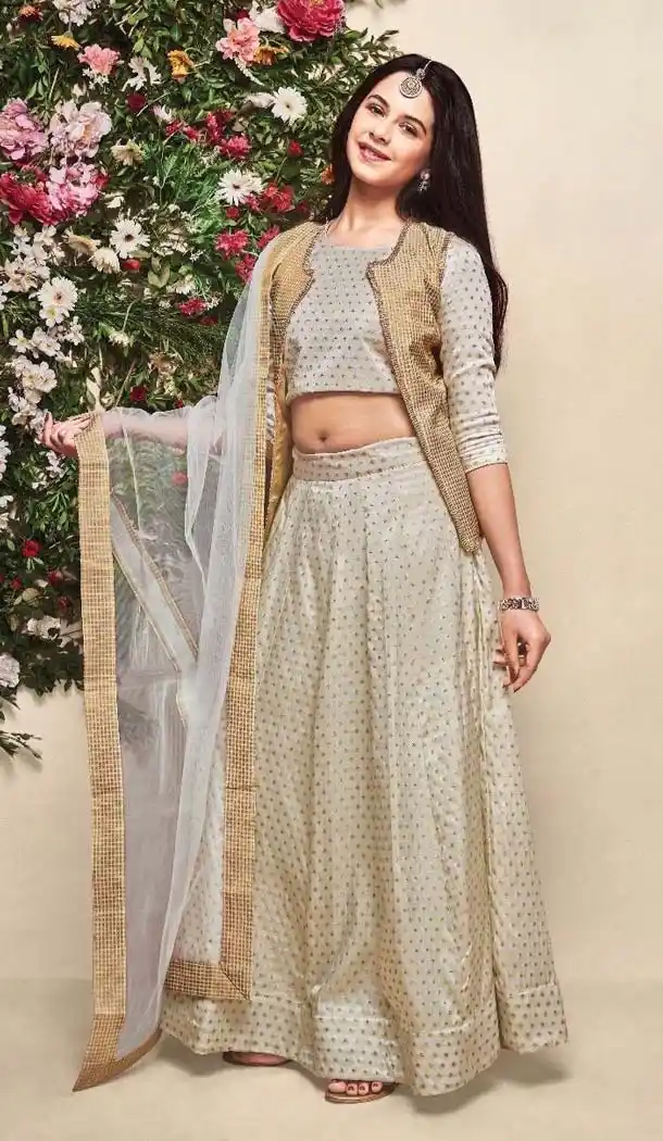 Off White Color Jecard Sartin Silk Girls Party Wear Lehenga | FHK13315525