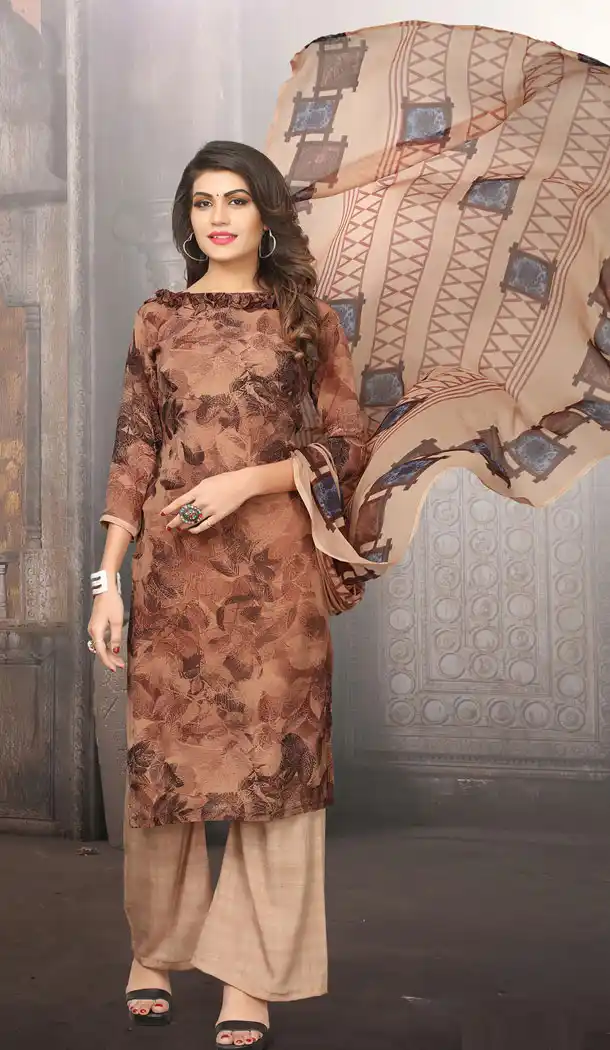 Buy Printed Straight Cut Suit in Brown Color with dupatta Faux Chiffon Dupatta online | FHKF13465648