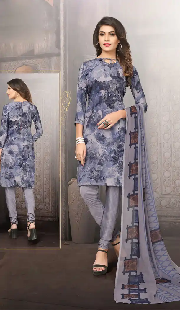 Buy Printed Straight Cut Suit in dark pewter Color with dupatta Faux Chiffon Dupatta online | FHKF13465650