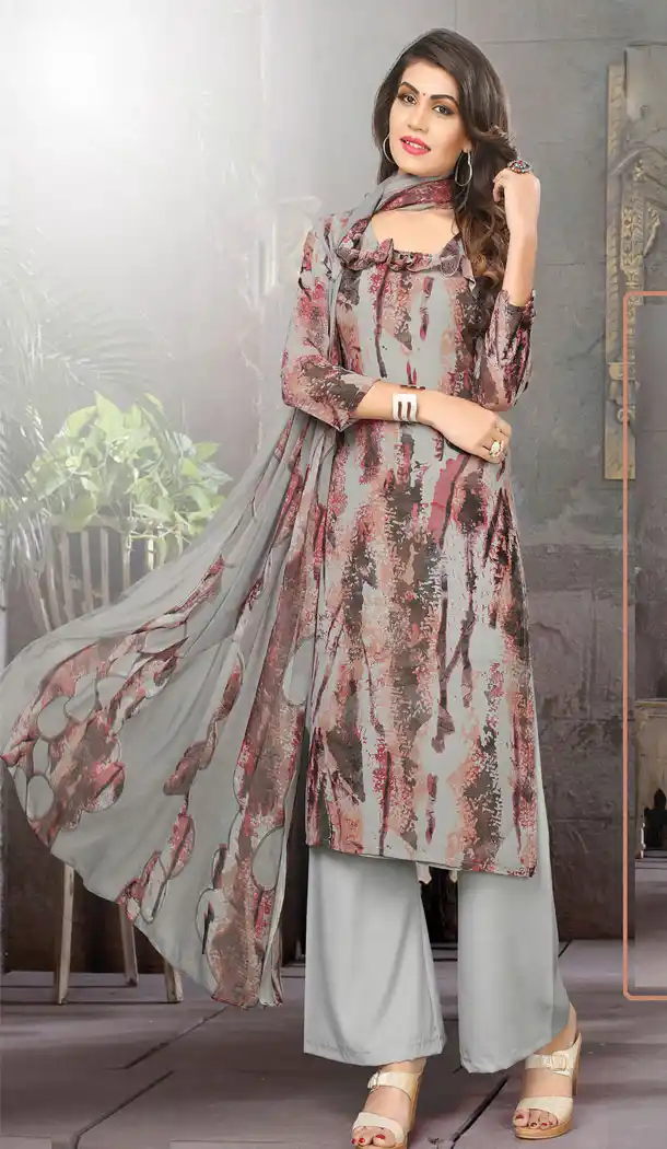 Buy Printed Straight Cut Suit in Gray Color with dupatta Faux Chiffon Dupatta online | FHKF13465652