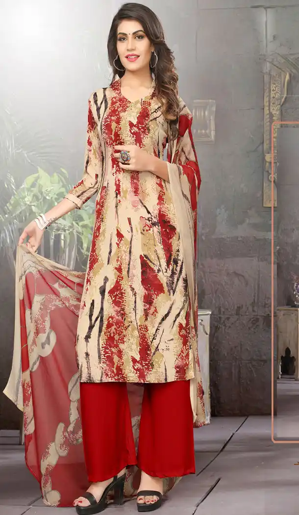Buy Printed Straight Cut Suit in Cream Red Color with dupatta Faux Chiffon Dupatta online  | FHKF13465653