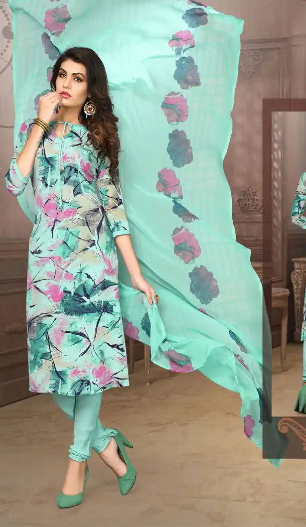 Buy Printed Straight Cut Suit in Light Rama Colourwith dupatta Faux Chiffon Dupatta online | FHKF13465656