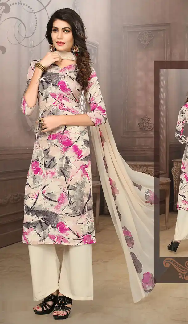 Buy Printed Straight Cut Suit in Pink And Cream Color with dupatta Faux Chiffon Dupatta online | FHKF13465658