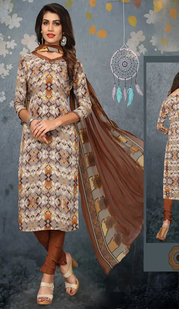 Buy Printed Straight Cut Suit in Cream And Chikni Color with dupatta Faux Chiffon Dupatta online | FHKF13465660