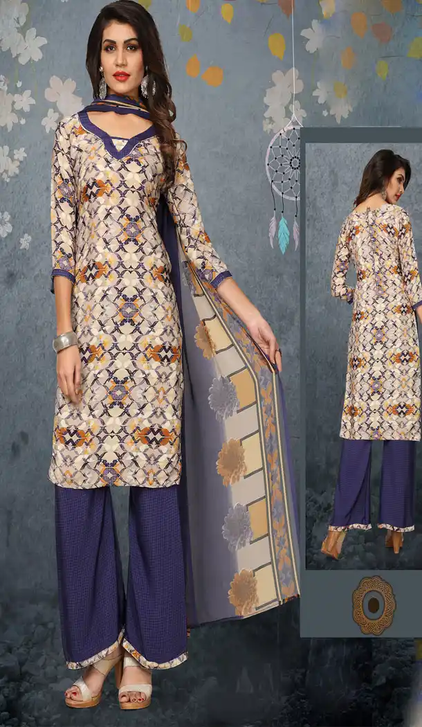 Buy Printed Straight Cut Suit in Cream And Dark Blue Color with dupatta Faux Chiffon Dupatta online | FHKF13465661