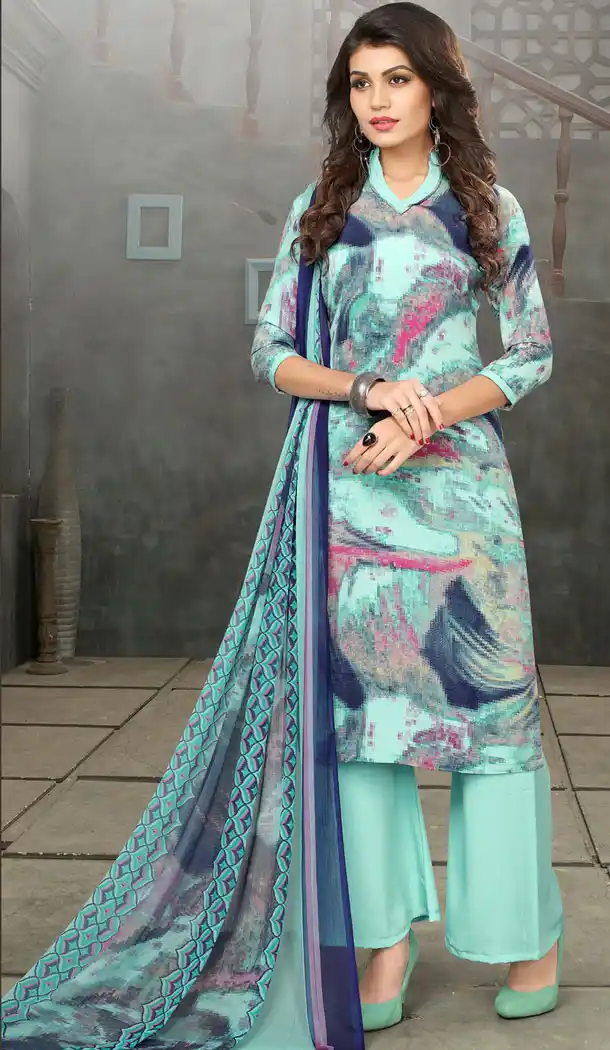 Buy Printed Straight Cut Suit in Light Rama Color with dupatta Faux Chiffon Dupatta online | FHKF13465666