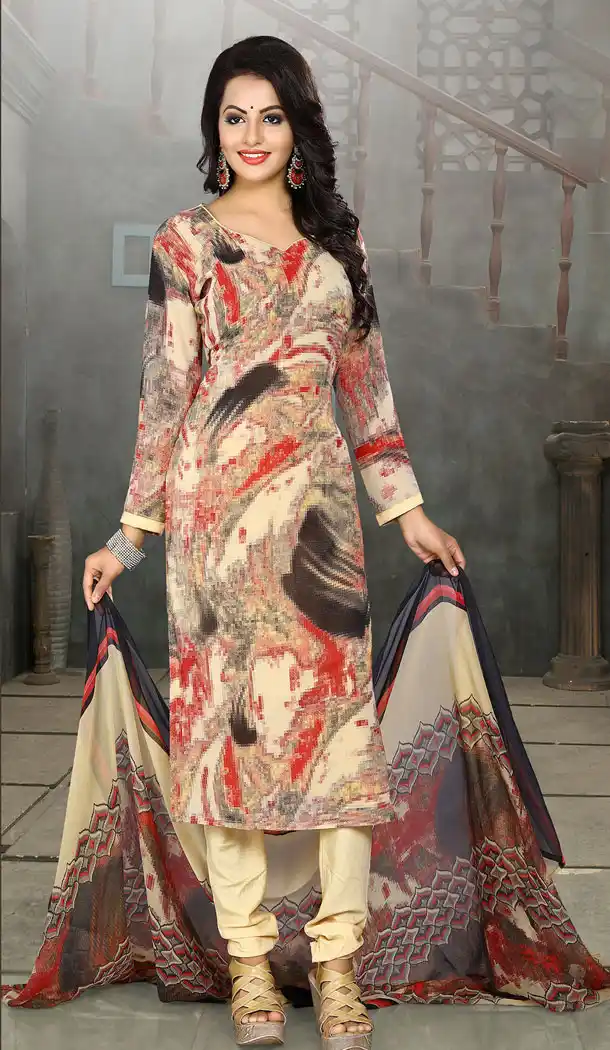 Buy Printed Straight Cut Suit in Cram Color with dupatta Faux Chiffon Dupatta online | FHKF13465667