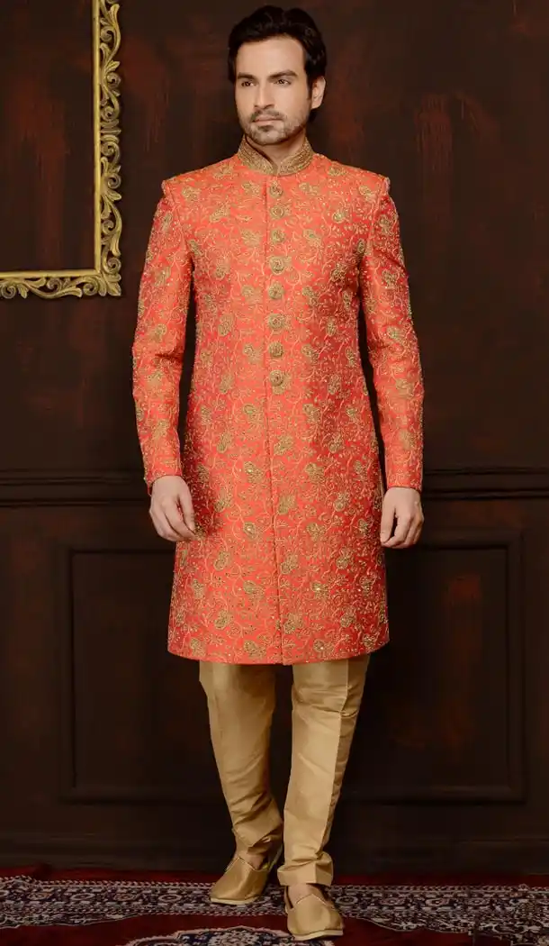 Ethnic Orange Banarasi Silk Readymade Man Sherwani | FHKF7968-76387
