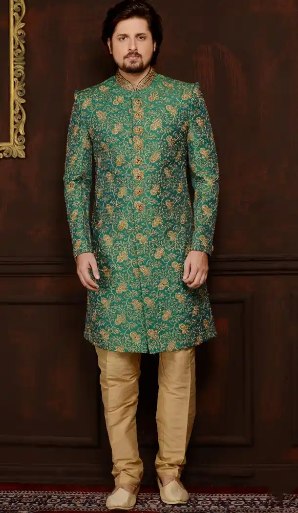 Green Color Banarasi Silk Readymade Man Sherwani | FHKF7968-76389
