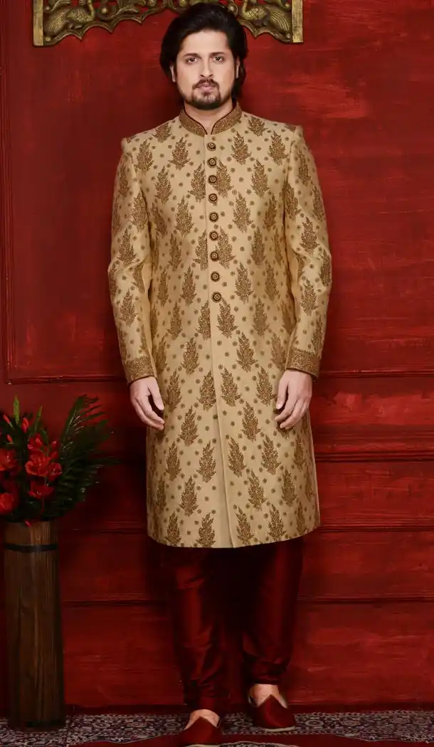 Golden Color Banarasi Silk Readymade Man Sherwani | FHKF7968-76391