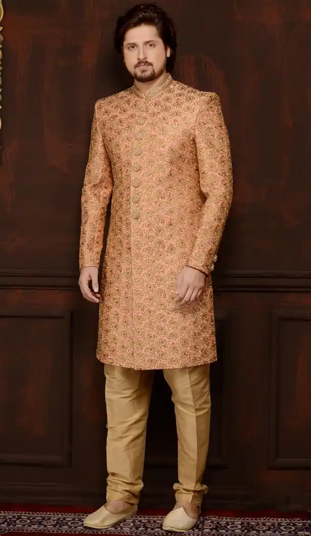 Peach Color Banarasi Silk Readymade Man Sherwani | FHKF7968-76393