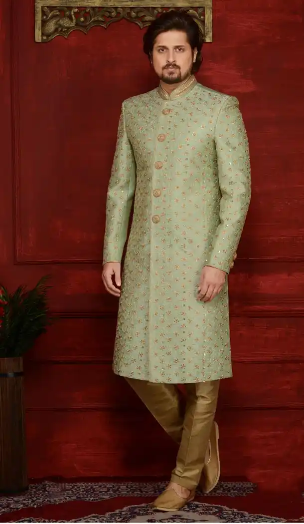 Green Color Banarasi Silk Readymade Man Sherwani | FHKF7968-76393