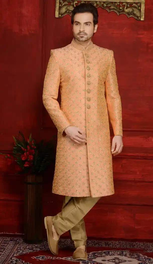 Orange Color Banarasi Silk Readymade Man Sherwani | FHKF7968-76395