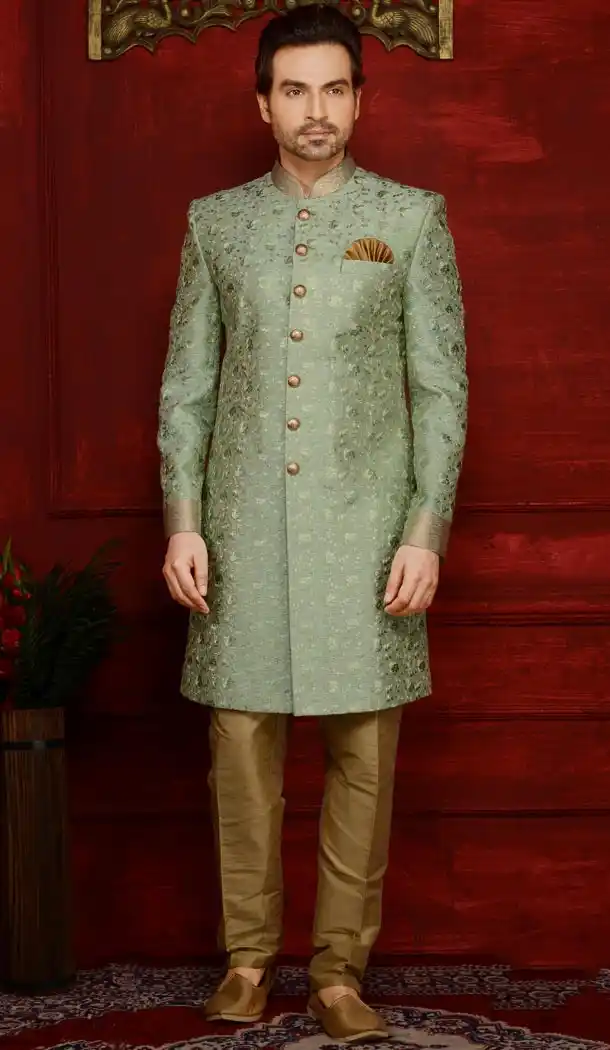 Green Color Banarasi Silk Readymade Man Sherwani | FHKF7968-76396