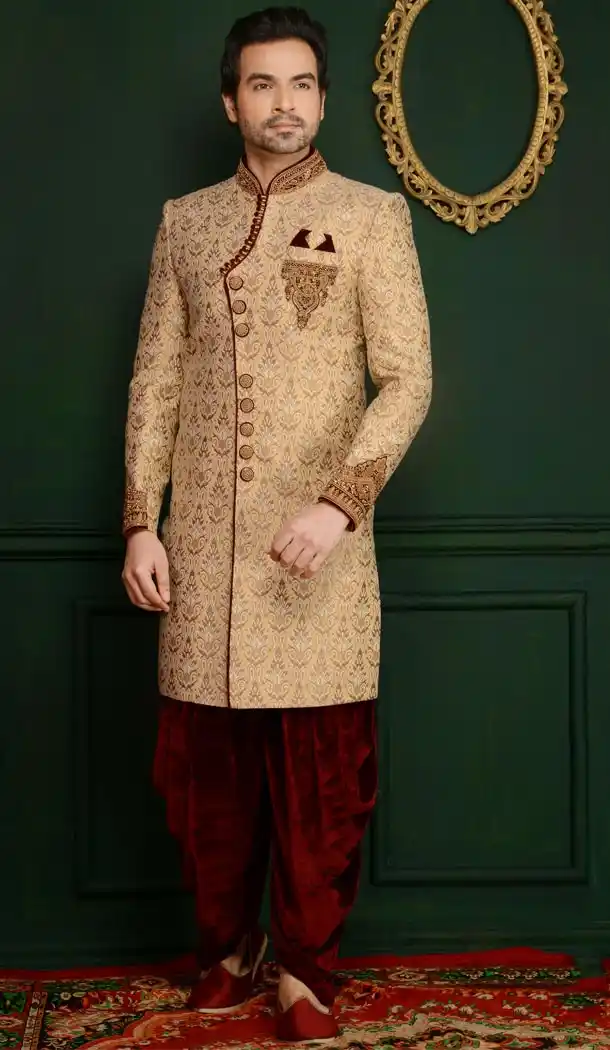 Beige Color Jacquard Readymade Man Sherwani | FHKF7968-76399