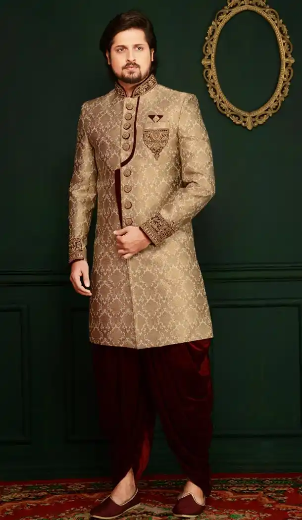 Golden Color Jacquard Readymade Man Sherwani | FHKF7968-76400