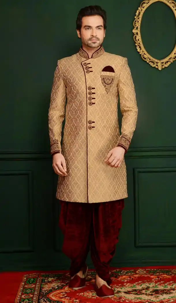 Golden Color Jacquard Readymade Man Sherwani | FHKF7968-76401