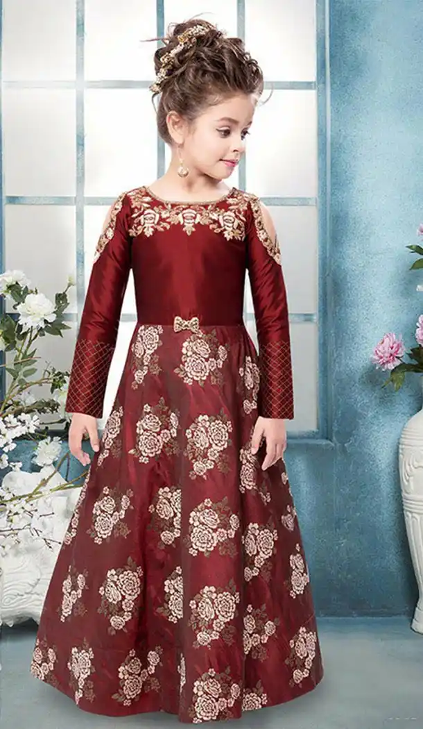 Maroon Color Silk Party Wear Girls Gown Dress | FHKF909386872