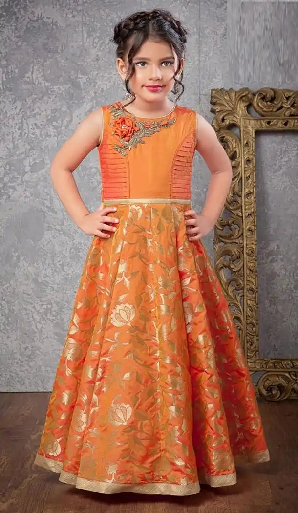 Orange Color Silk Party Wear Girls Gowns Dress | FHKF909386877