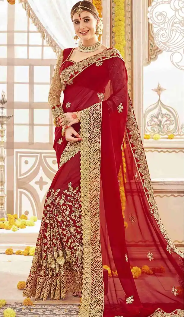 Red Color Georgette Designers Wedding Bridal Sarees with Art Silk Blouse | FHRK248628617